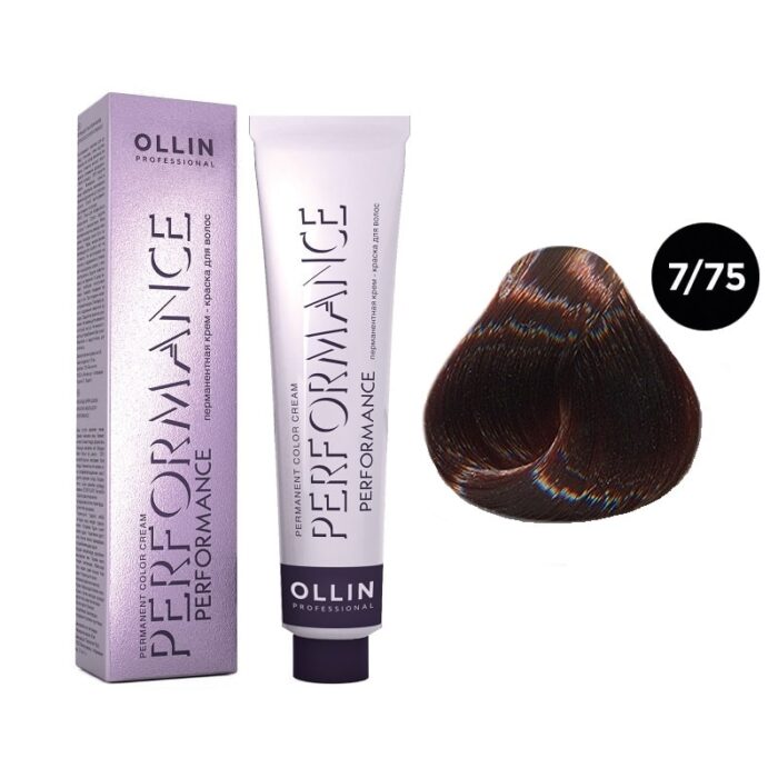 OLLIN Performance Перманентная крем-краска для волос 7/75 русый коричнево-махагоновый 60 мл — изображение 1