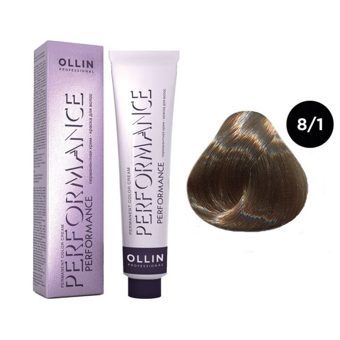 OLLIN Performance Перманентная крем-краска для волос 8/1 светло-русый пепельный 60 мл — изображение 1